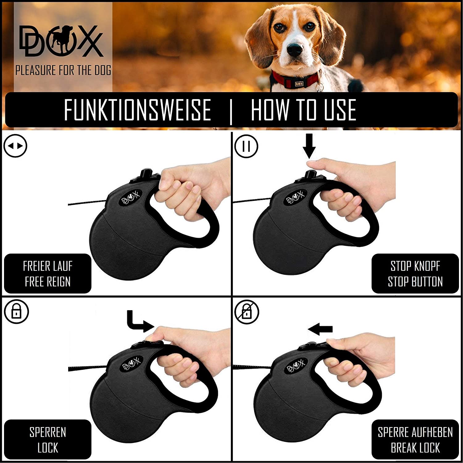  DDOXX Correa Extensible Perro, Reflectante, Retráctil | Diferentes Colores & Tamaños | para Perros Pequeño, Mediano y Grande | Accesorios Gato Cachorro | S, 4 m, 10 kg, Negro 