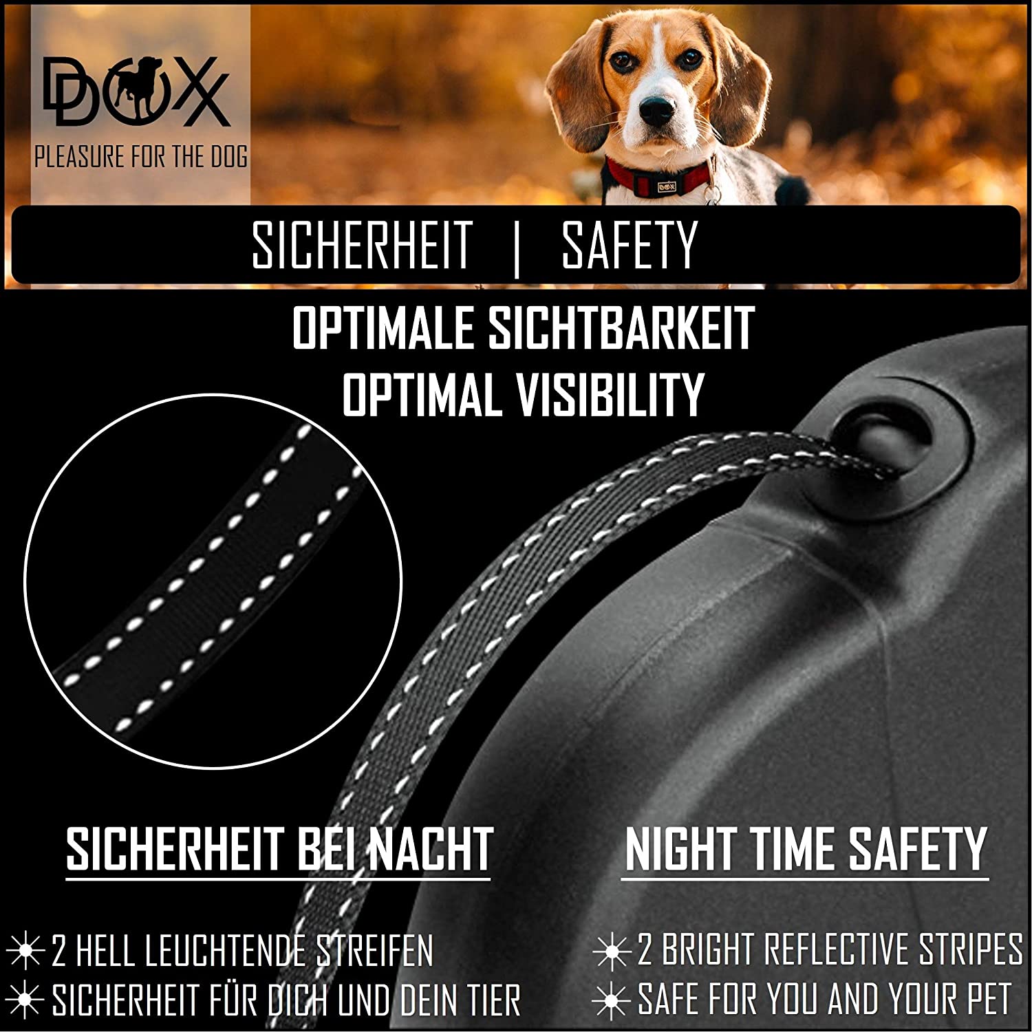  DDOXX Correa Extensible Perro, Reflectante, Retráctil | Diferentes Colores & Tamaños | para Perros Pequeño, Mediano y Grande | Accesorios Gato Cachorro | S, 4 m, 10 kg, Negro 