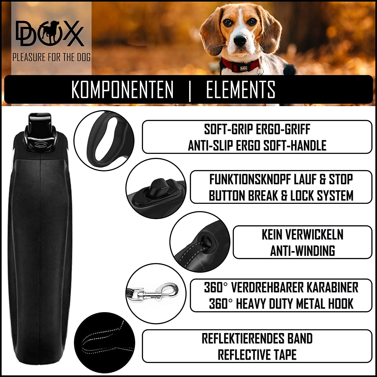  DDOXX Correa Extensible Perro, Reflectante, Retráctil | Diferentes Colores & Tamaños | para Perros Pequeño, Mediano y Grande | Accesorios Gato Cachorro | XS, 3 m, 8 kg, Negro/Amarillo Neon 