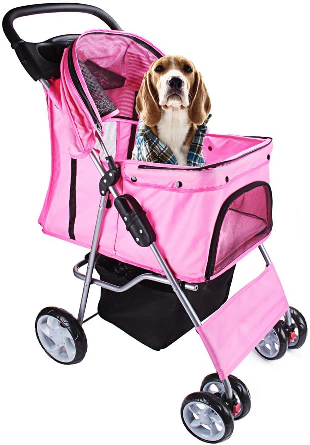  DISPLAY4TOP Carrito de 4 Ruedas para Mascotas Perros Gatos Animales Plegable Impermeable para Viaje Paseo (rosa) 