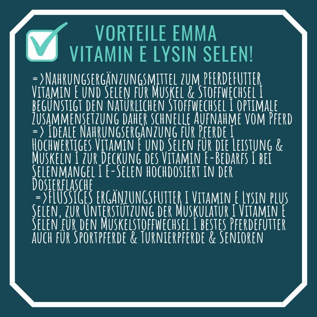  EMMA ♥ Vitamina E Selenio para Caballos, pienso para Caballos pienso suplementario más Selenio y lisina, Selenio Mejor Estado y motivación 1 litro. 