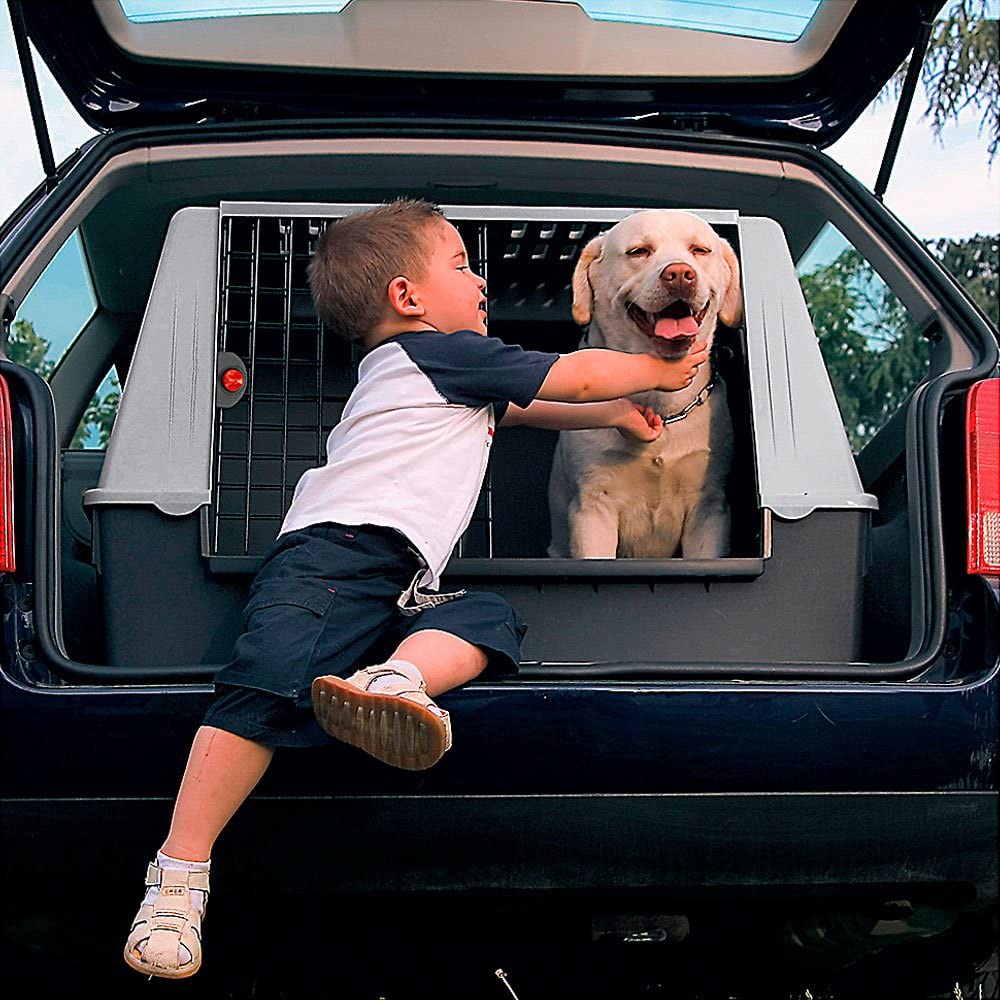  Ferplast Atlas Car 100 – Minitransportín de Mascotas para Coche, Caja de plástico para Perros y Gatos, con una práctica Puerta corredera bidireccional y Compartimento para Accesorios 