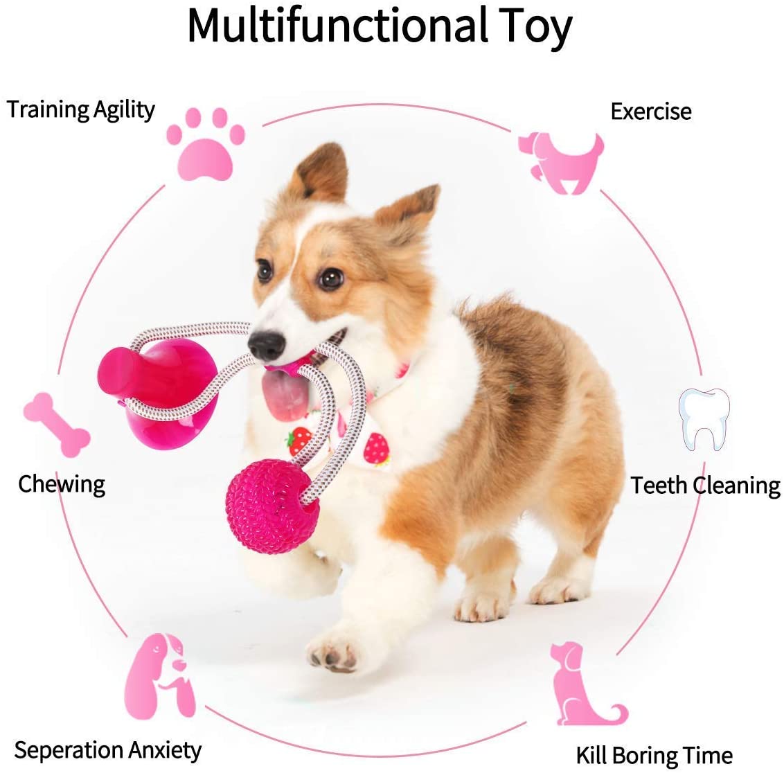  GHONLZIN Multifunction Pet Molar Bite Toy, Juguete Mordedor Mascota, Juguete Multifuncional para mordedura de Molar, Mordedura de Perro del Entrenamiento con Ventosa (Red) 