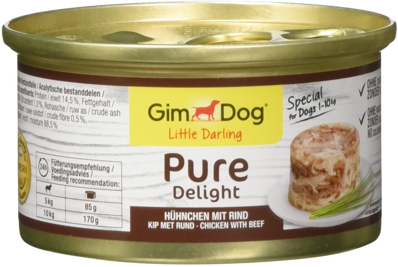  GimDog Pure Delight, pollo con vacuno – Snack rico en proteínas en deliciosa gelatina – Especial para perros de hasta 10 kg – Sin azúcar añadido – 12 latas (12 x 85 g) 