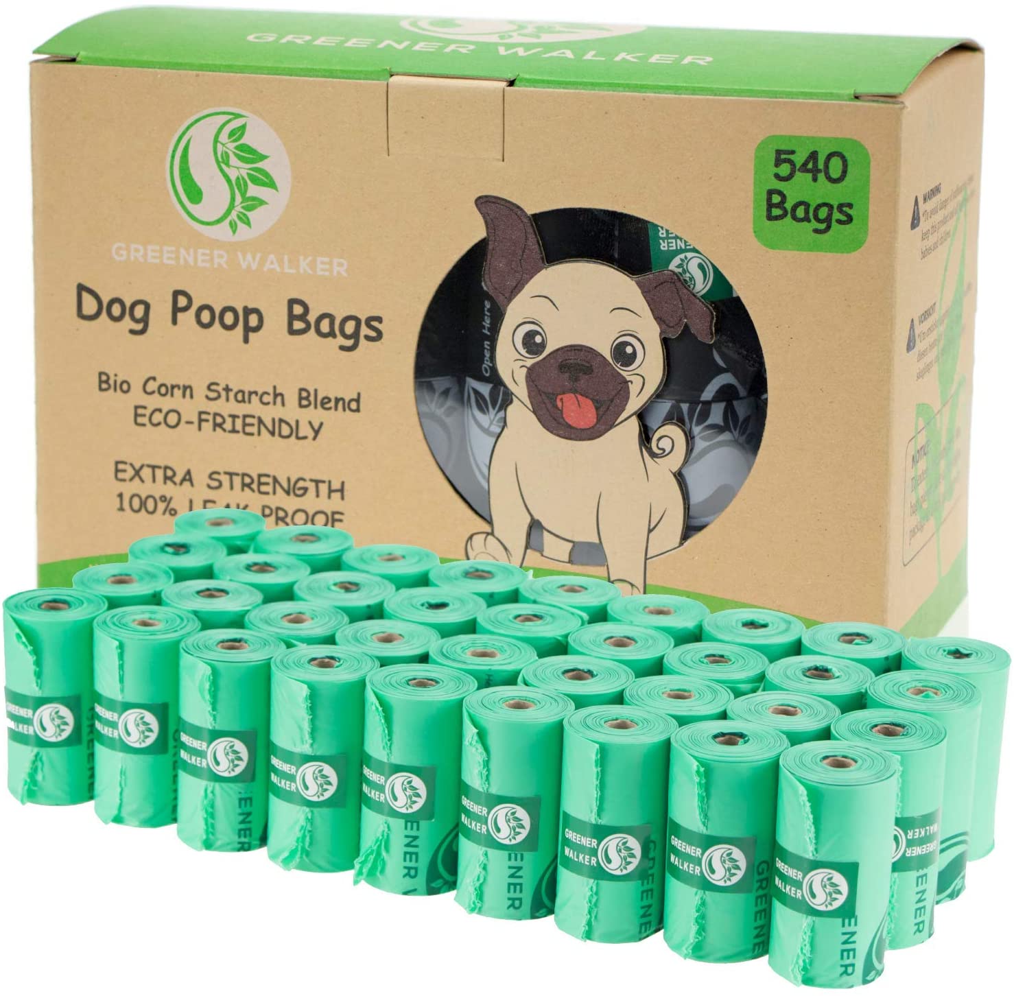  Greener Walker Bolsas para Excrementos de Perro,540 Unidades,Extra Grueso,Fuerte y 100% a Prueba de Fugas Biodegradable Bolsas para Caca de Perro(Verde) 