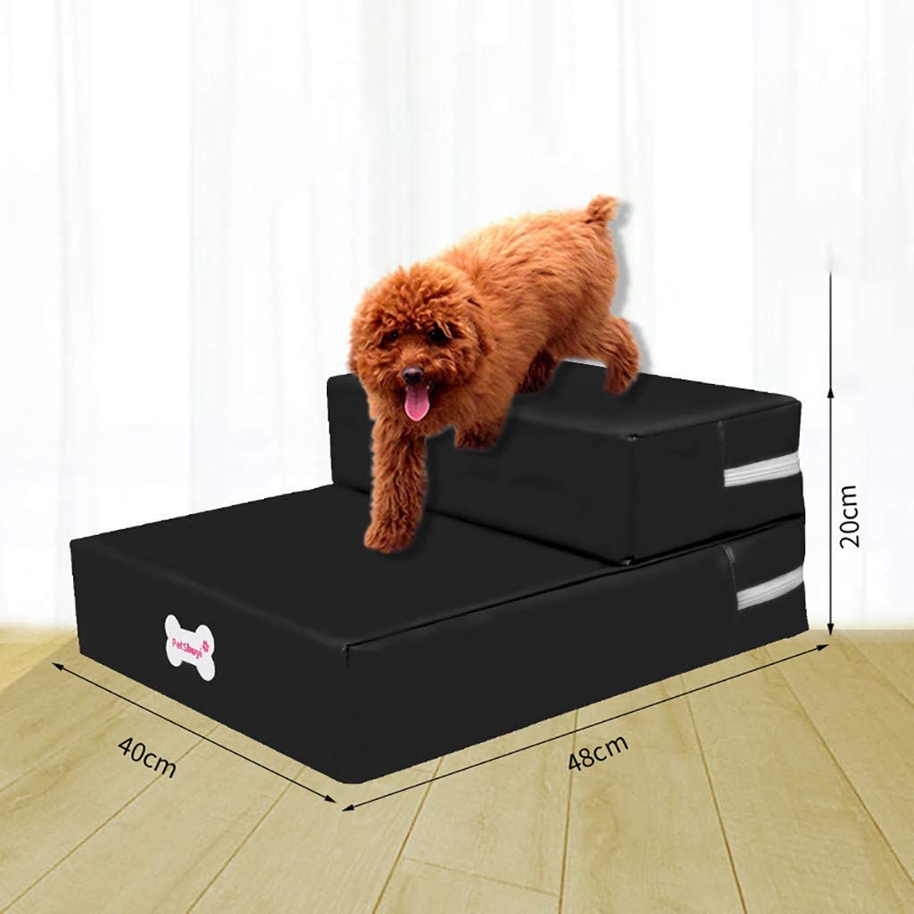  HAODEE Escalera Plegable de Cuero Impermeable para Mascotas Cama Desmontable para Mascotas rampa de Perro Gato 2 Pasos Black 