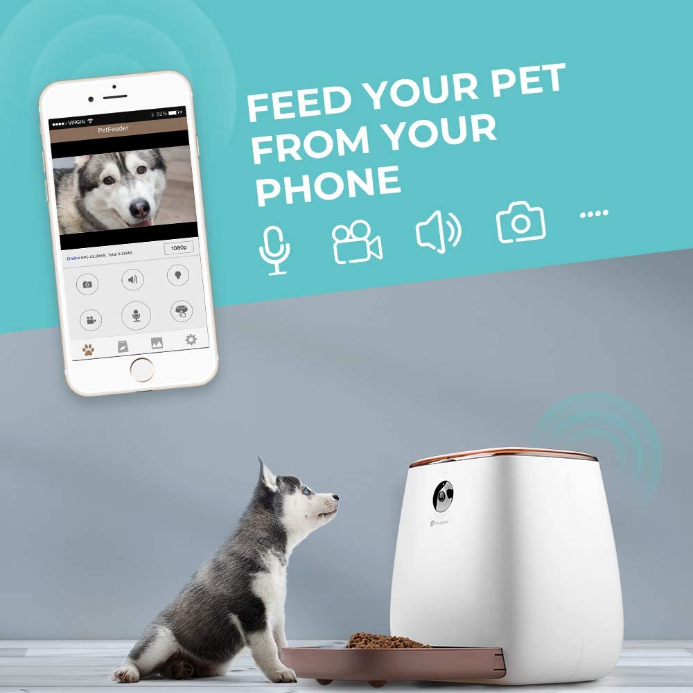  Houzetek Comedero Automático Gatos/Perros dispensador de Comida para Perros,con Cámara HD de 1080p, WiFi con App Control Recordatorio,Visión Nocturna 