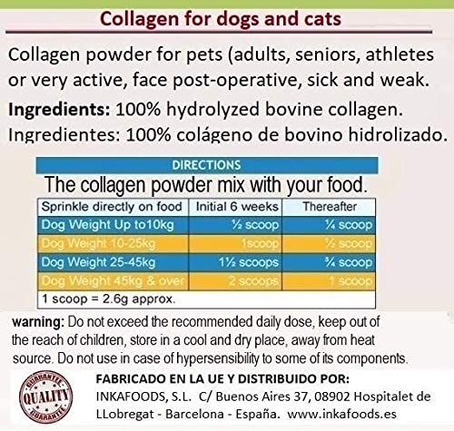  INKAFOODS 100% Colágeno Natural Hidrolizado en Polvo de bovino para Perros y Gatos. 1kg - Sabor a Bacon 