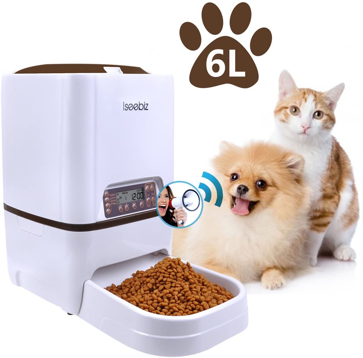  Iseebiz Comedero Automatico Mascota 6litros Alimentador Comida para Perros/ Gatos con Recordatorio por Voz y Temporizador Programable, Pantalla LCD 
