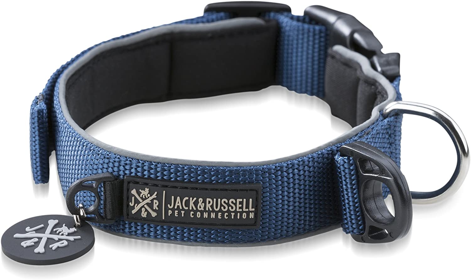  Jack & Russell Premium Collar de Perro Luna Reflectante y Neopreno Acolchado Collar de Perro Varios tamaños y Colores (Circunferencia del Cuello M (35-43 cm), Azul) 