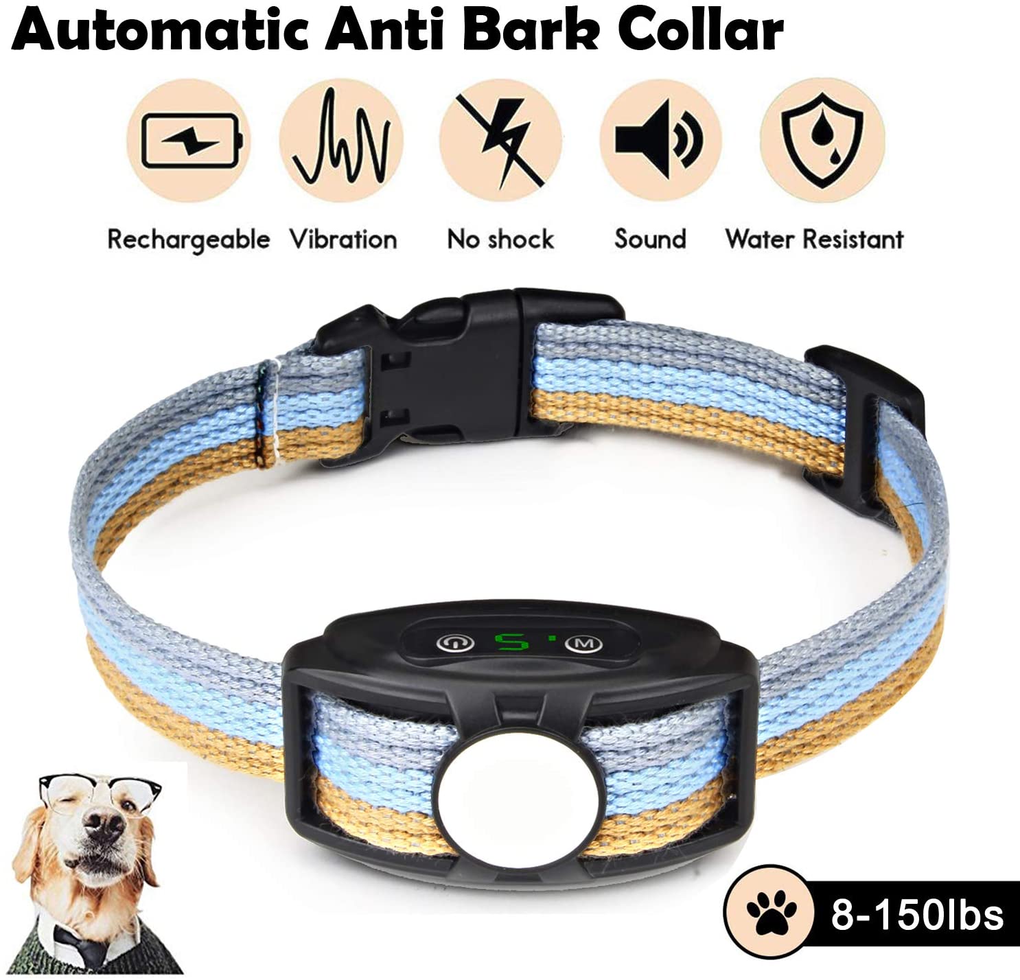  JJOBS Collar Antiladridos para Perros sin Descarga Eléctrica, 5 Niveles de Sensibilidad, Collar Adiestramiento Impermeable y Recargable 