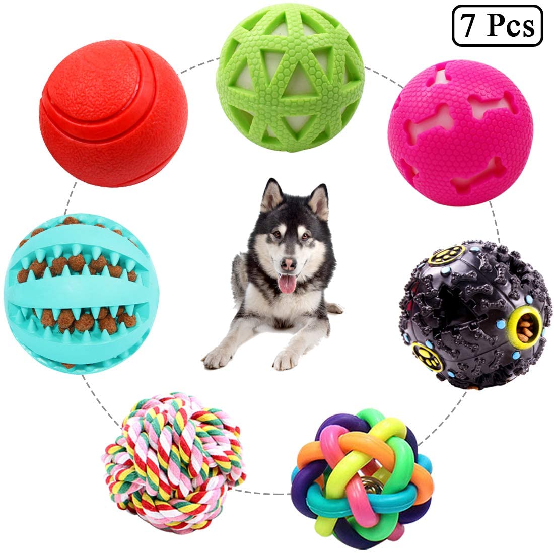  Juego de 7 pelotas interactivas para perros pequeños, medianos y grandes, rompecabezas, juguetes para perros chirriantes, bolas de masticar para perros, juguetes duraderos para perros y golosinas 