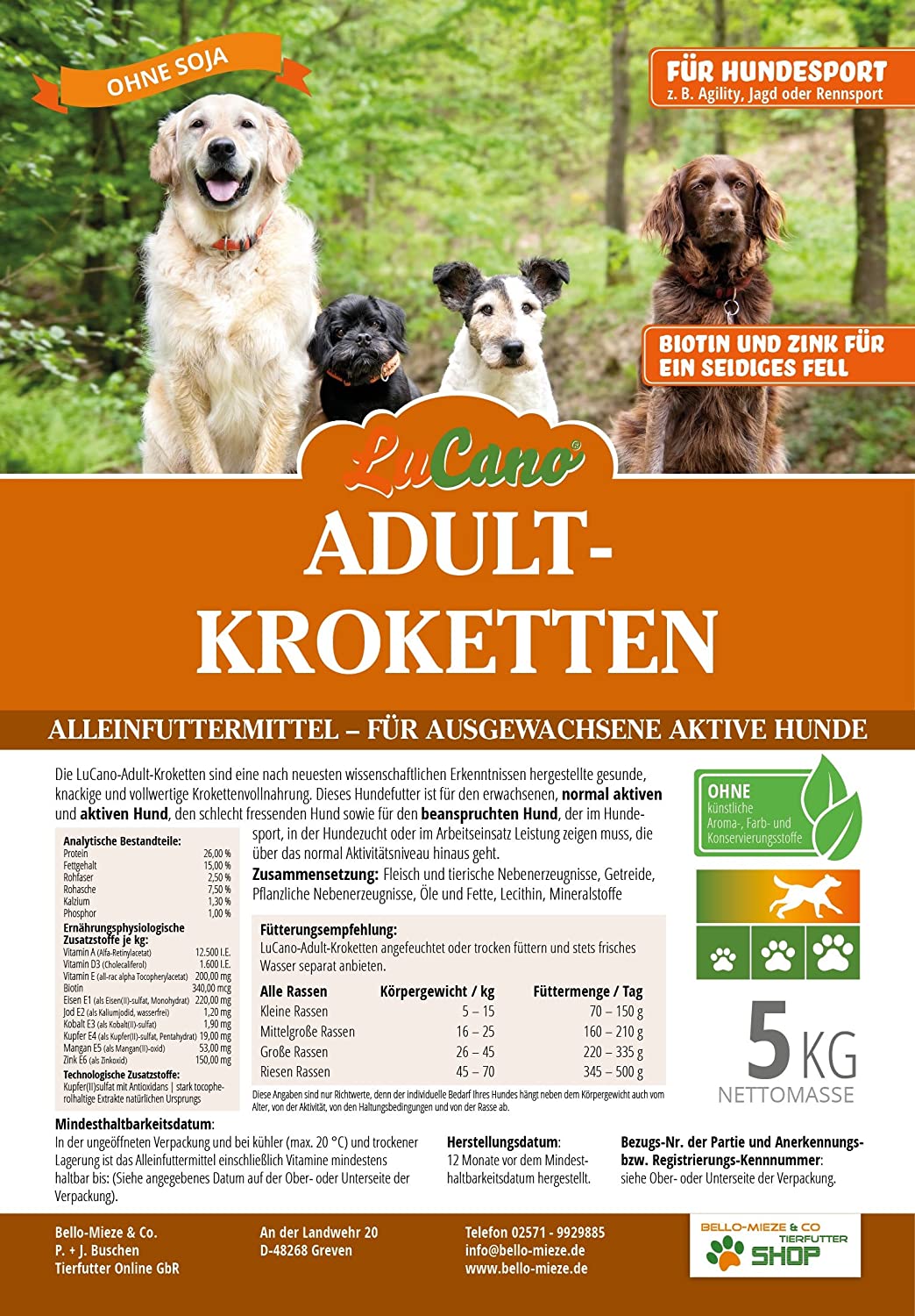  LuCano Metaphys 5 kg Adult Premium de krokette soja sin/con Biotina y zinc para ser sedoso/de pelo para perros activa 