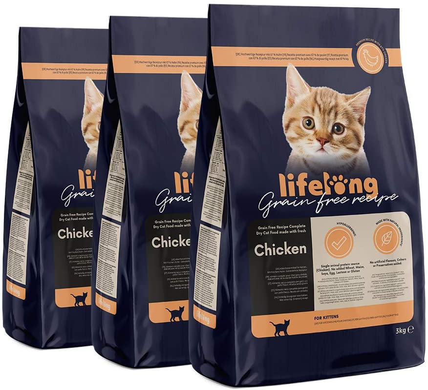  Marca Amazon Lifelong Alimento seco para gatitos con pllo fresco, receta sin cereales - 3kg *3 
