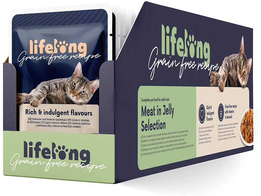  Marca Amazon - Lifelong Comida húmeda para gatos adultos sin cereales Selección de carne en gelatina-pato,pollo,pavo y vacuno, 2,4 kg (28 bolsitas x 85g) 