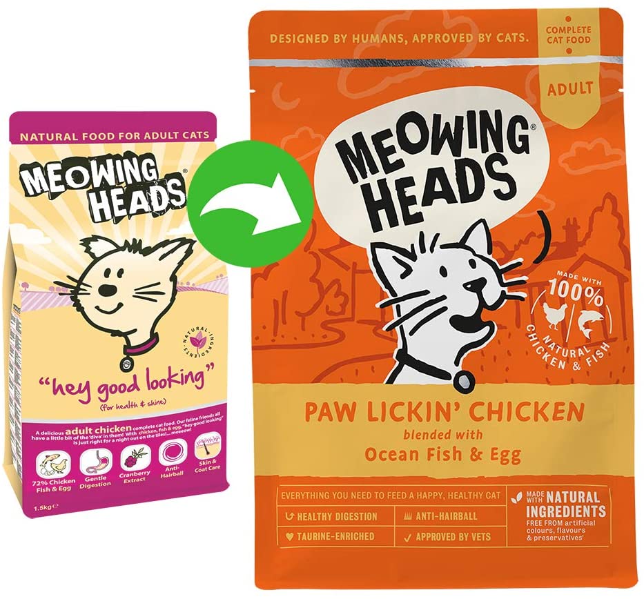  Meowing Heads Comida Seca para Gatos - Paw Lickin' Chicken - 100% Natural, Pollo y pescado sin aromas artificiales, Ayuda a mejorar la digestión, 4 kg 