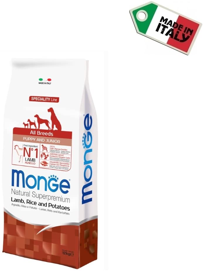  Monge superpremium All Breed Puppy & junior 12 kg (Cordero y Arroz) – Pienso Super Premium al Cordero para cachorros de perro, monoproteico, natural al 100% 