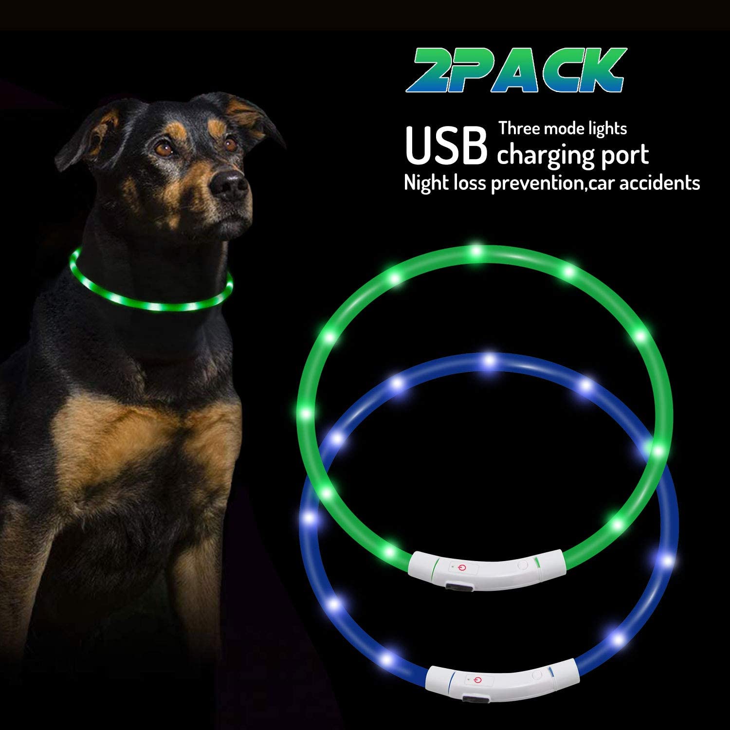  Mookis Collar de Perro LED, USB Recargable, Collar de Perro Mascota Brillante para Seguridad Nocturna, Collar de luz de Moda (Verde, Azul) 