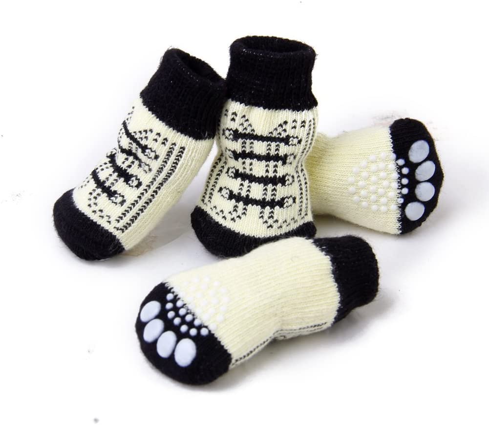  NaiCasy Calcetines Pequeño Pequeño Gato Perro de Perrito del patín con Las Impresiones Lindas de la Pata en Blanco y Negro (S), Accesorios para Perros 