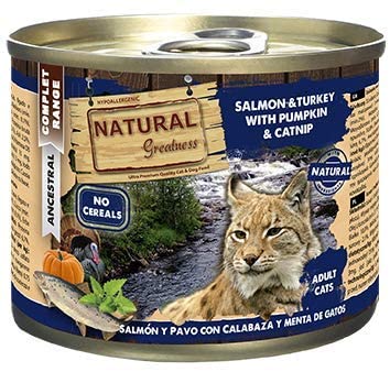  Natural Greatness Comida Húmeda para Gatos de Salmón y Pavo con Calabaza y Menta de Gatos. Pack de 6 Unidades. 200 gr Cada Lata 