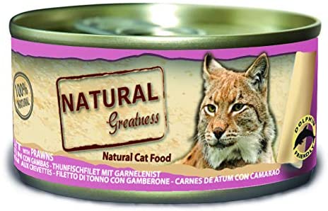  Natural Greatness Greatness Comida Húmeda para Gatos de Filete de Atún y Gambas. Pack de 24 Unidades. 70 gr Cada Lata 