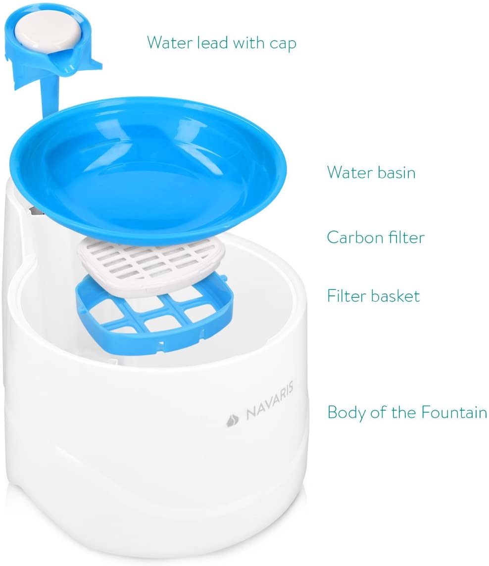  Navaris Fuente de Agua para Gatos y Perros - Bebedero de 2 litros con Filtro y Bomba Sumergible - Dispensador de Agua con Flujo Ajustable Color Azul 
