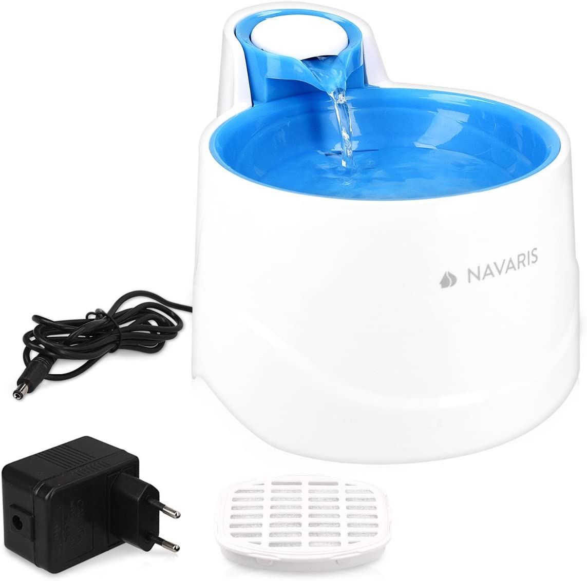 Navaris Fuente de Agua para Gatos y Perros - Bebedero de 2 litros con Filtro y Bomba Sumergible - Dispensador de Agua con Flujo Ajustable Color Azul 
