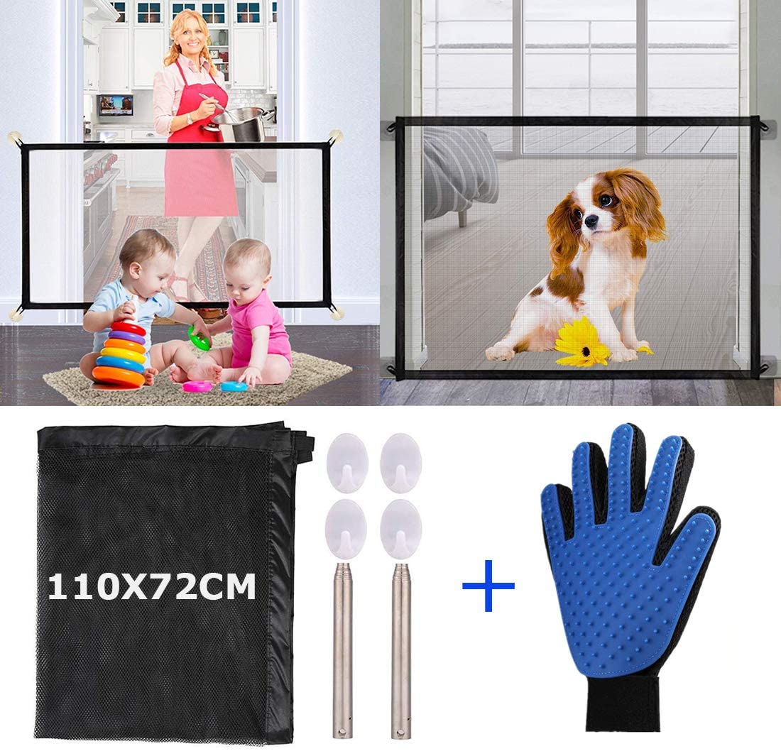  Nifogo Magic Gate Dog & Guantes para Mascotas, Seguridad Plegable Portátil para Perro Puerta,Puerta de Seguridad Aislada para Perros y Mascotas (110 x 72cm) 