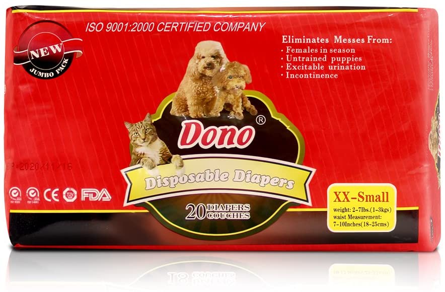  Pañales desechables para mascotas DONO para perros y gatos. Súper absorbente y suave. Talla XXS 20 piezas 