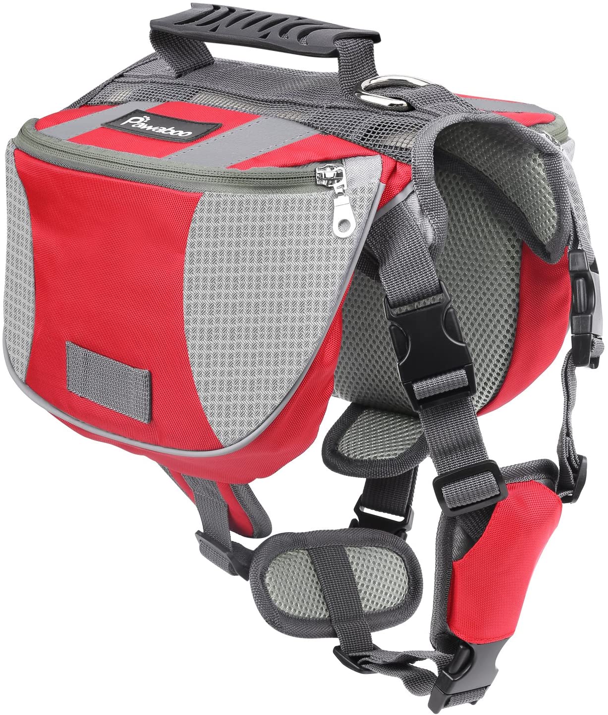  Pawaboo Mochila del Perro - Adjustable Bolsa de Sillín Portador para Mascota Pet Saddle Bag para Viajar/Senderismo/Camping, Talla Mediana, Rojo & Gris 