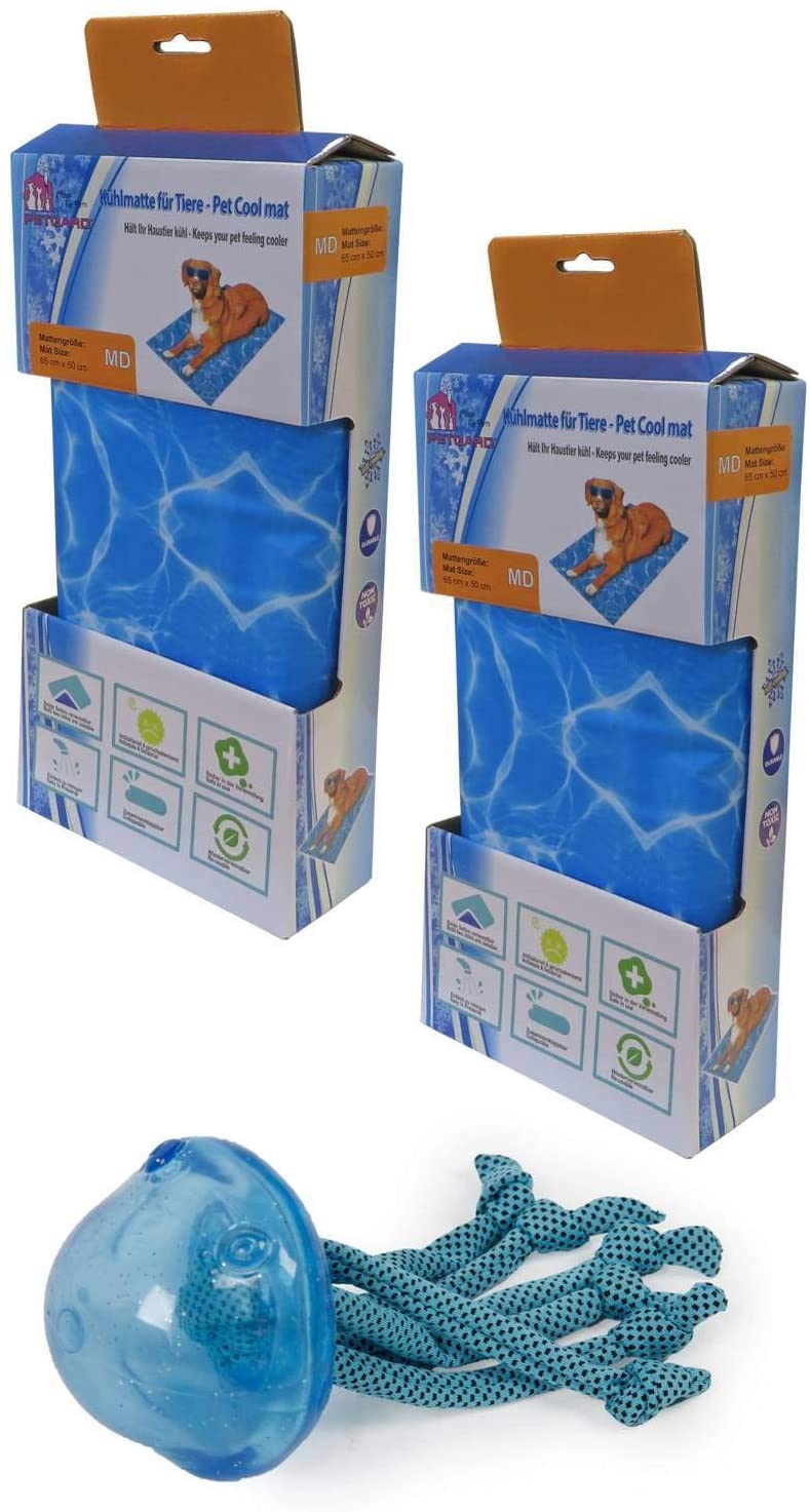  PETGARD - Pack de Ahorro de 2 esterillas de refrigeración para Perros Manta refrescante para Perros 65 x 50 cm + Juguete para Perros Gratis 