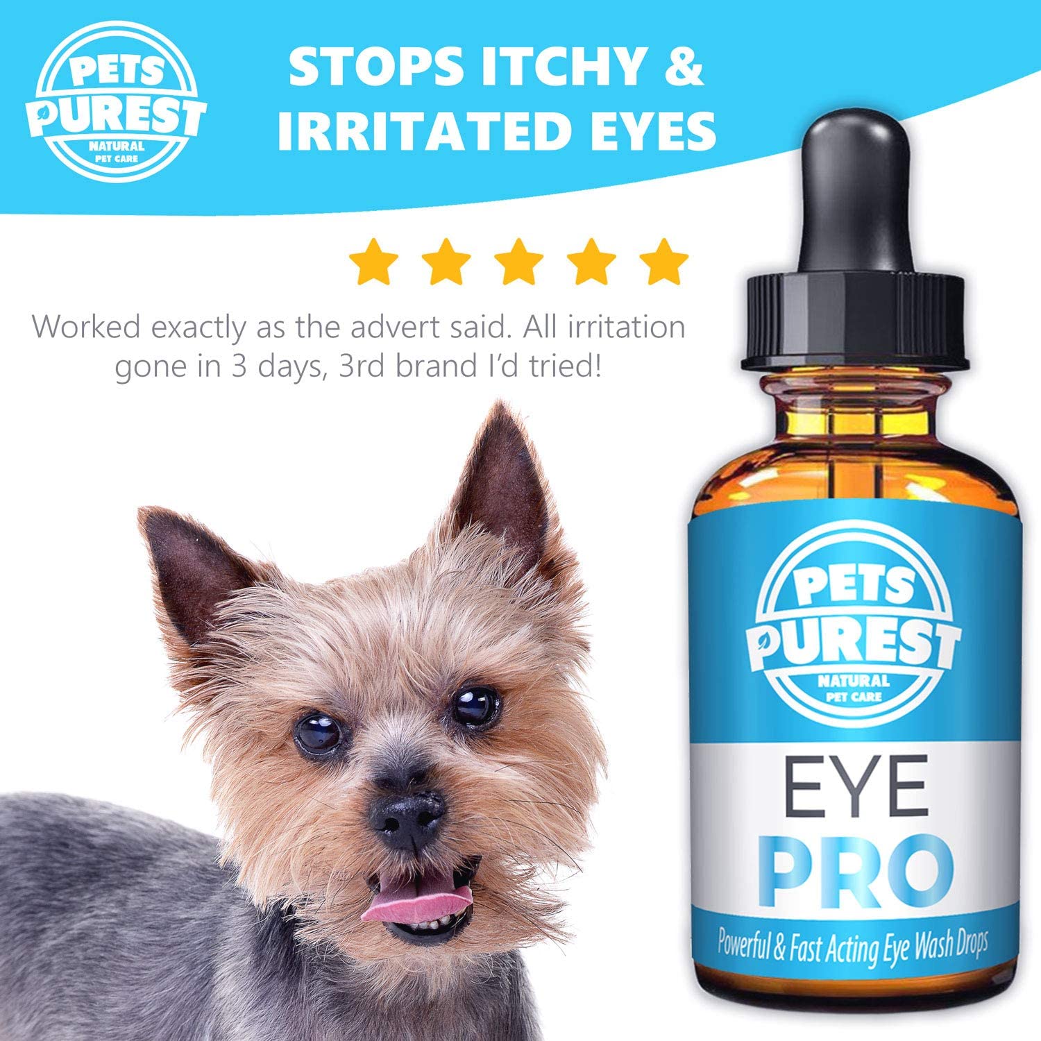  Pets Purest Gotas de Lavado de Ojos potentes y de acción rápida para Perros, Gatos y Mascotas (Suministro de 1-2 años) 