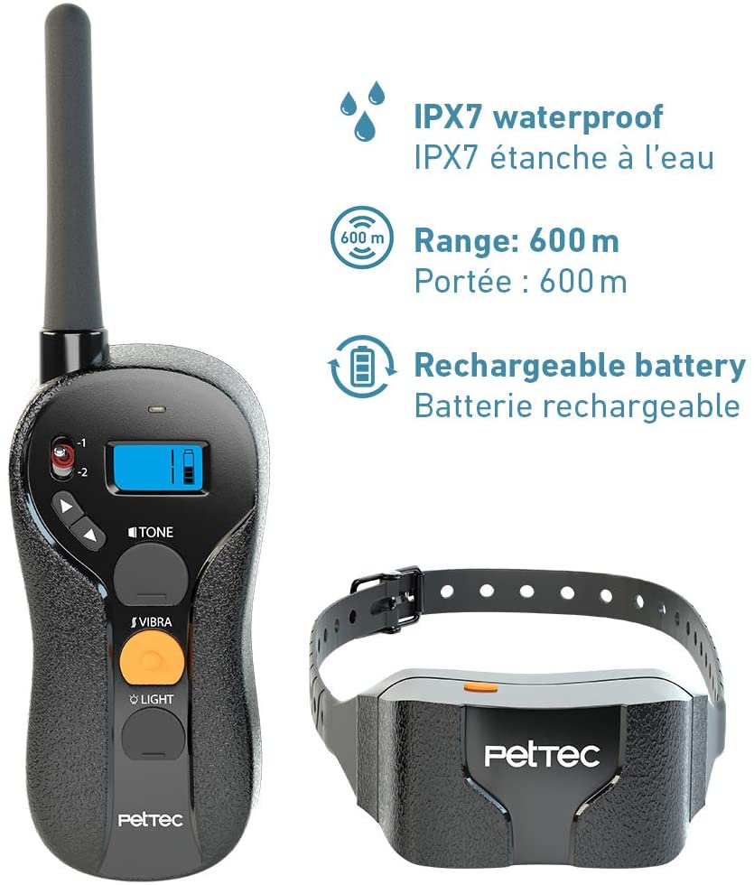  PetTec Collar de Perro Anti-ladrido, Entrenamiento Avanzado con Vibración controlado a Distancia, Radio de Alcance 600m; Vibración y Sonidos Agradables, Resistente al Agua (IPX7), Anti Polvo 