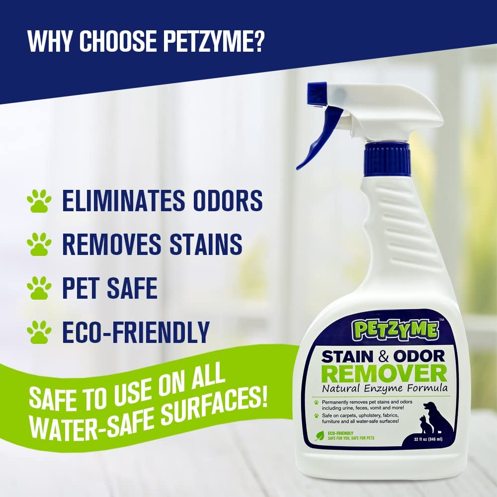  Petzyme Pet Stain Remover & Odor Eliminator, Enzyme Cleaner for Dogs, Cats Urine, Feces and More, 32 Fl Oz Spray by Petzyme 