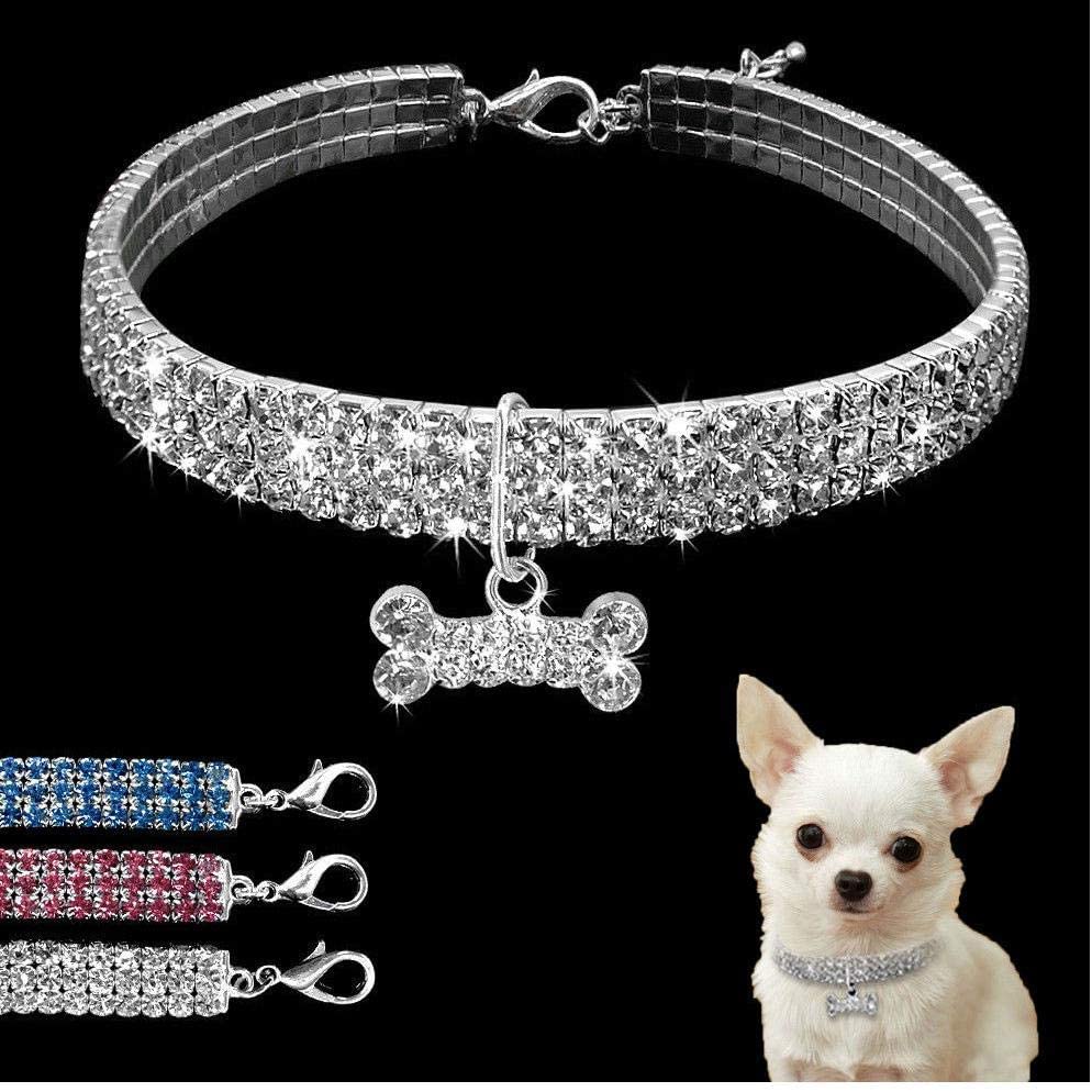  PiniceCore Crystal Mascotas Collares de Perro del Correo del Perrito del Collar de Perro del Rhinestone de Bling para la pequeña Chihuahua Perros medianos para Mascotas Productos Blanco 