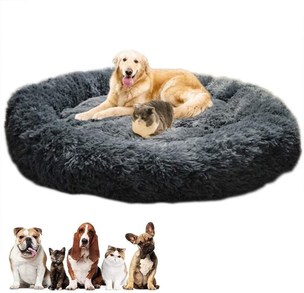  POPOTI Extra Large Dog Beds Sofa,Deluxe Fluffy Washable Round Dog Pillow Cat Cushion Pet Bed for Cat and Dog Snooze Sleeping Kennel (M-60cm, Black) 