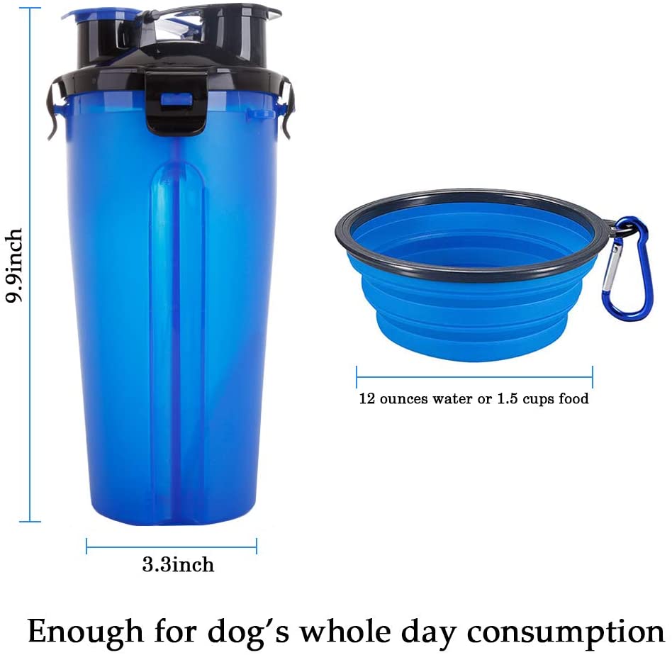  Powerking Botella de Agua para Perro, 350ml 2 en 1 PP para Mascotas, y Botella para Perro con 250 g Contenedor de alimento para Mascotas para Caminar/Viajar, tazones Plegables para Perros(Azul) 