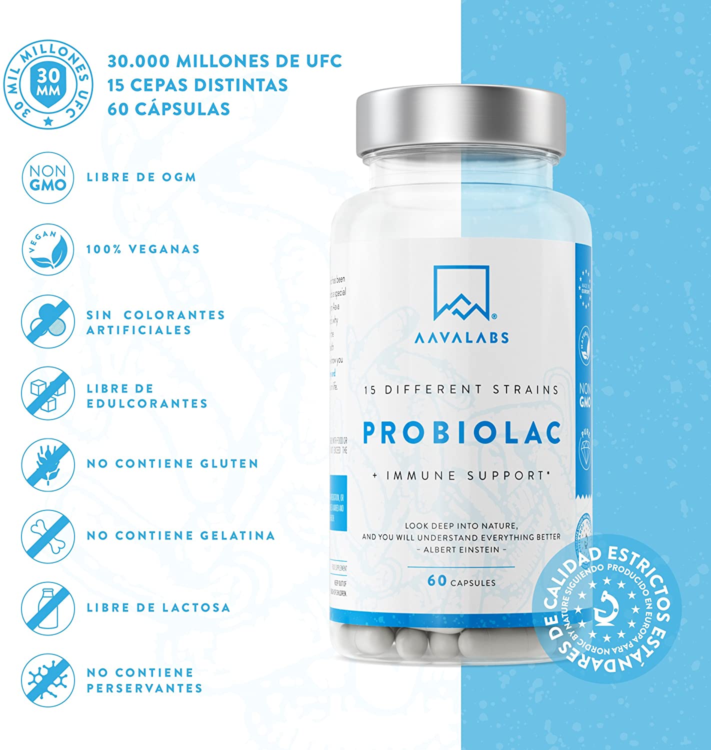  Probiótico [30 Mil Millones de UFC] - Fórmula de Amplio Espectro - 15 Cepas - Lactobacilos y Bífidobacterias - Mejora del Sistema Inmunológico - 60 Cápsulas de Liberación Prolongada- 100% Vegano 