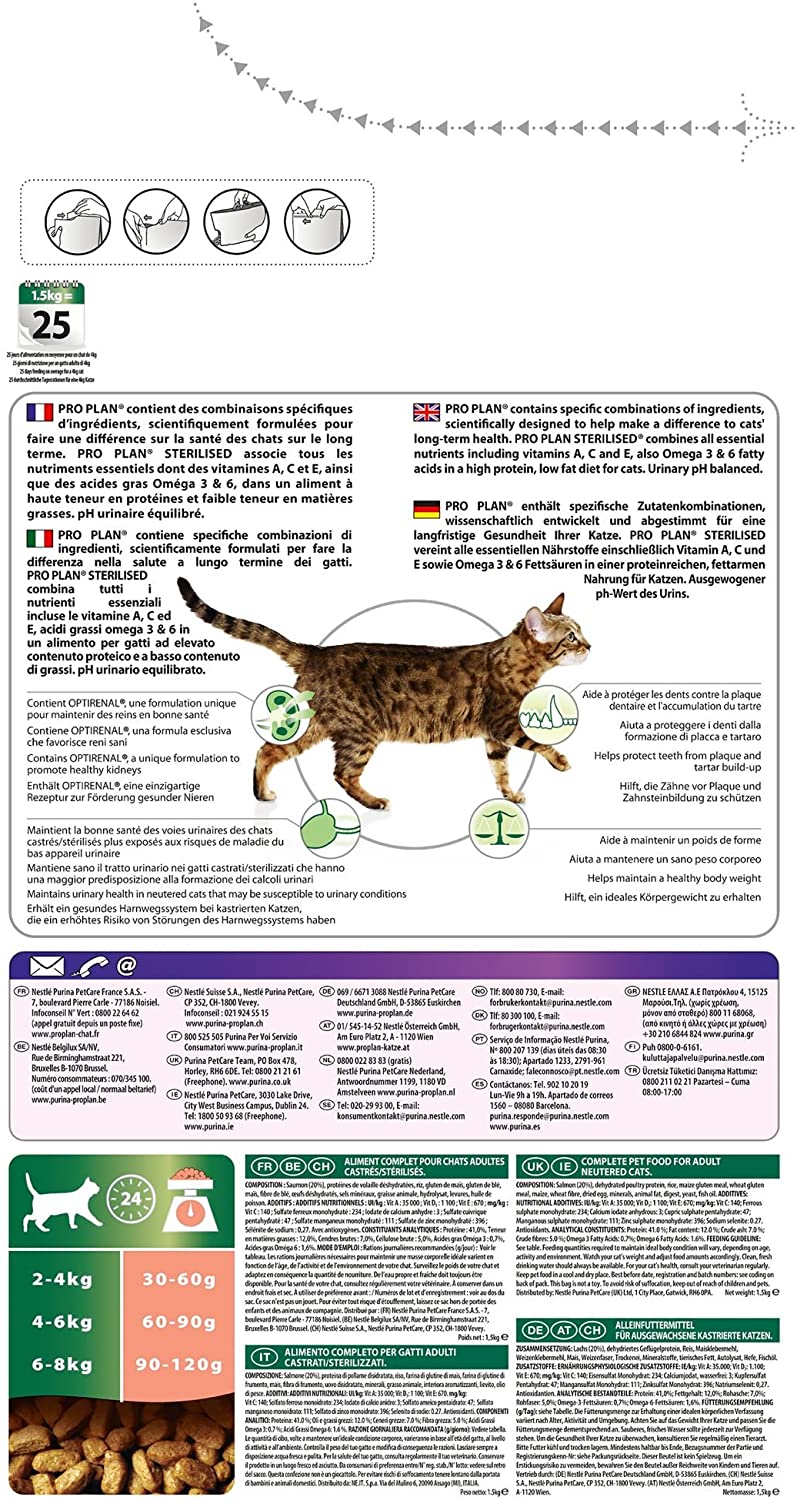  PURINA Pro Plan Comida Seco para Gato Esterilizado con Optirenal, Sabor Salmón - 1.5 Kg 