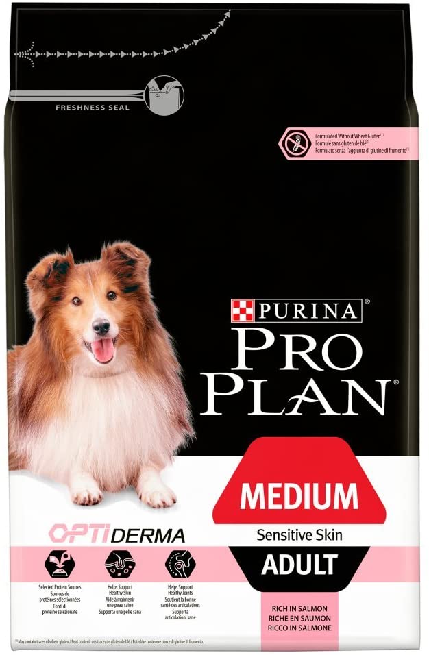  PURINA Pro Plan Comida Seco para Perro Adulto Mediano con Piel Sensible con Optiderma, Sabor Salmón - 3 Kg 