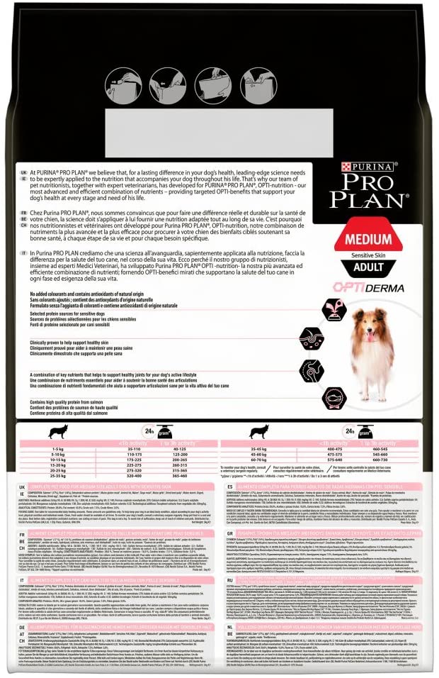  PURINA Pro Plan Comida Seco para Perro Adulto Mediano con Piel Sensible con Optiderma, Sabor Salmón - 3 Kg 