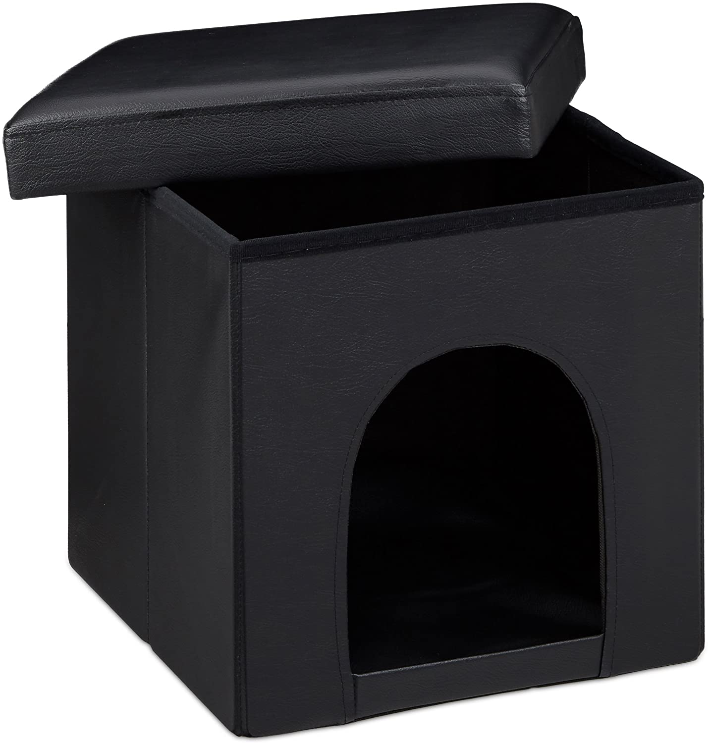  Relaxdays Taburete Casa para Perros Plegable, Piel sintética, Negro, 38 x 38 x 38 cm 