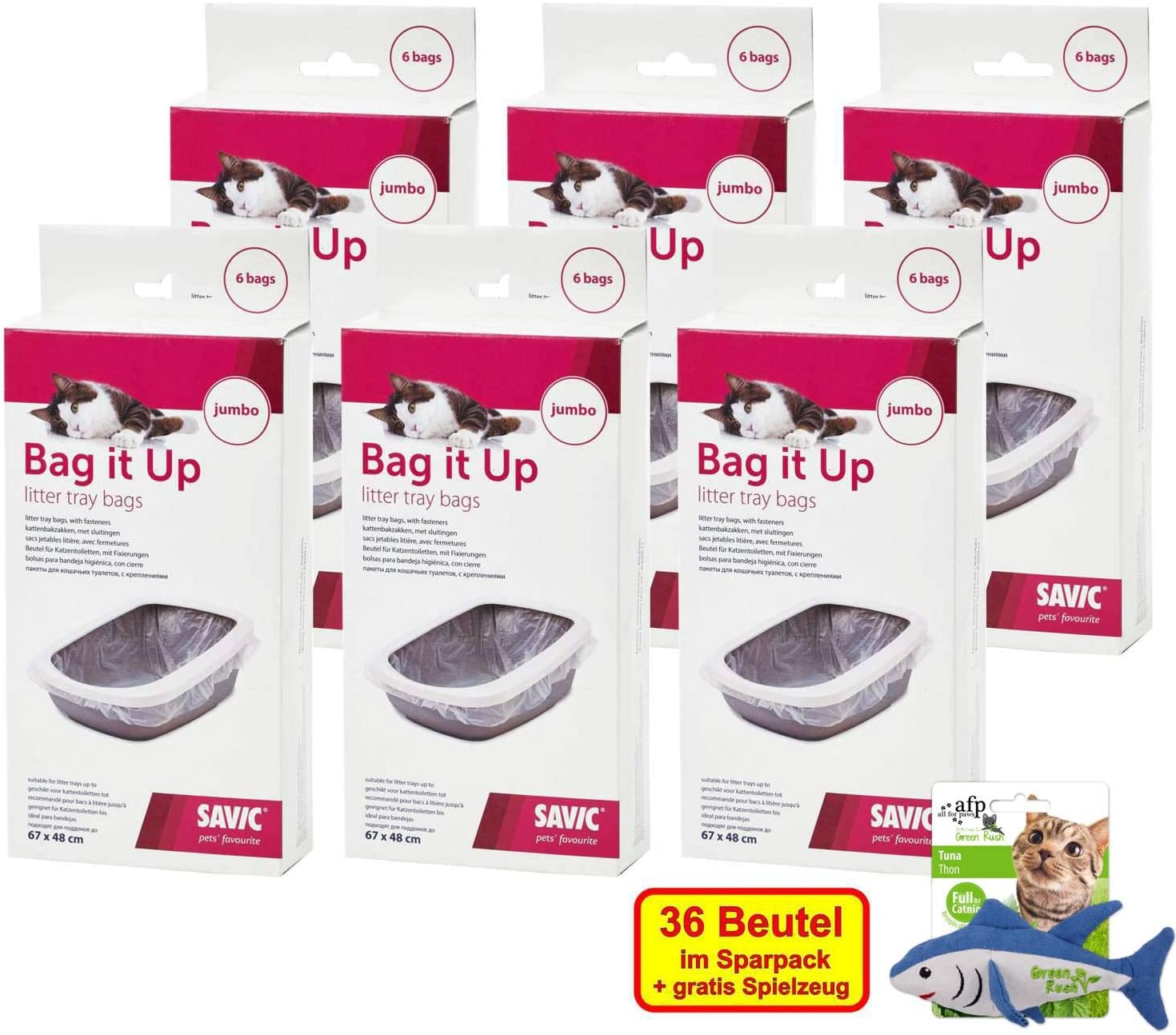  SAVIC XXL Pack de Ahorro Bag It Up Bolsas para Grandes Bolsas Baños de Gato 36 con Gratis Juguete 