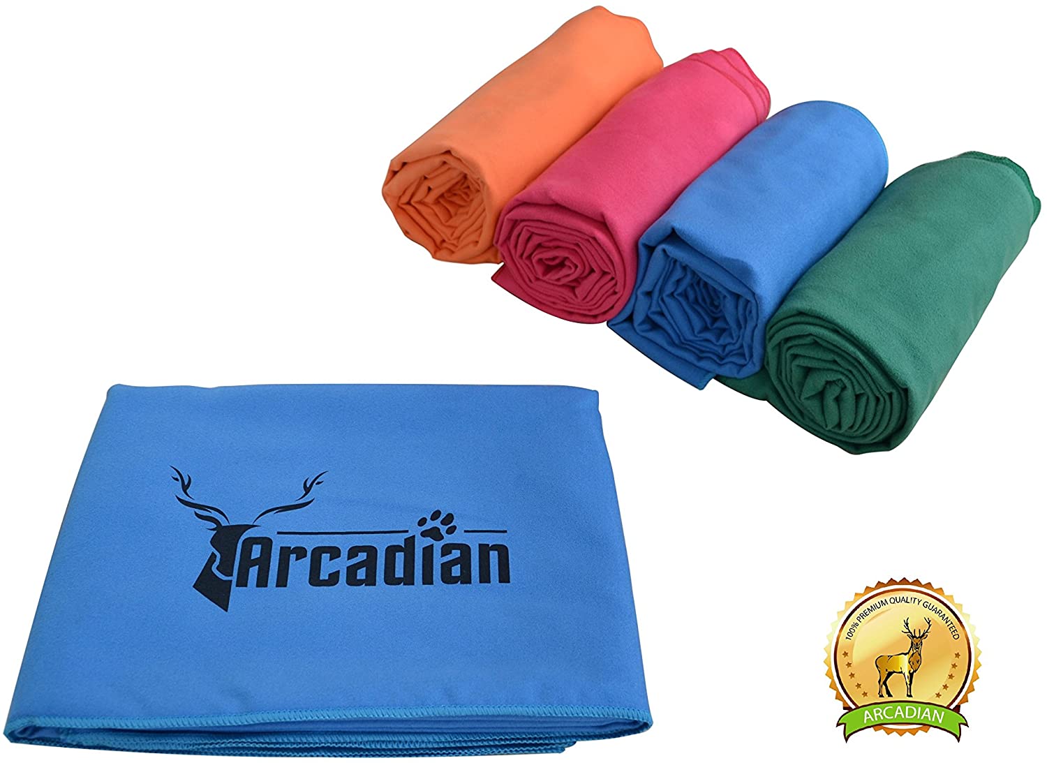  Toalla de microfibras grande para perro por Arcadian en azul, verde, naranja, y rosa. Estas vibrantes toallas son el regalo perfecto para su amada mascota. Hecha de microfibra de calidad de primera, esta toalla es ligera, de secado rápido y súper 