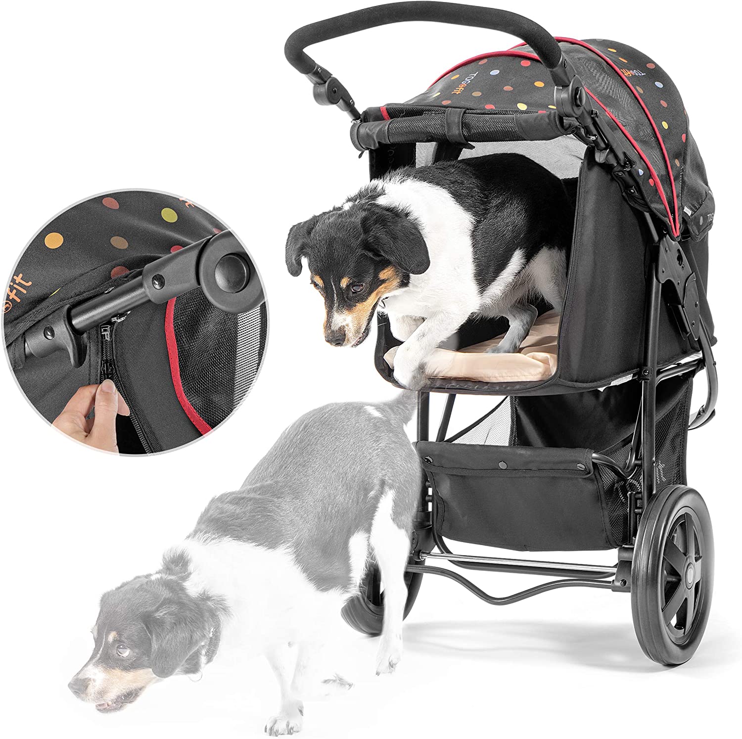  TOGfit Pet Roadster - Lujoso carrito para perros y mascotas hasta 32 kg, Ruedas grandes, altura regulable, incl. colchón, pequeño y plegable, color negro con puntitos 
