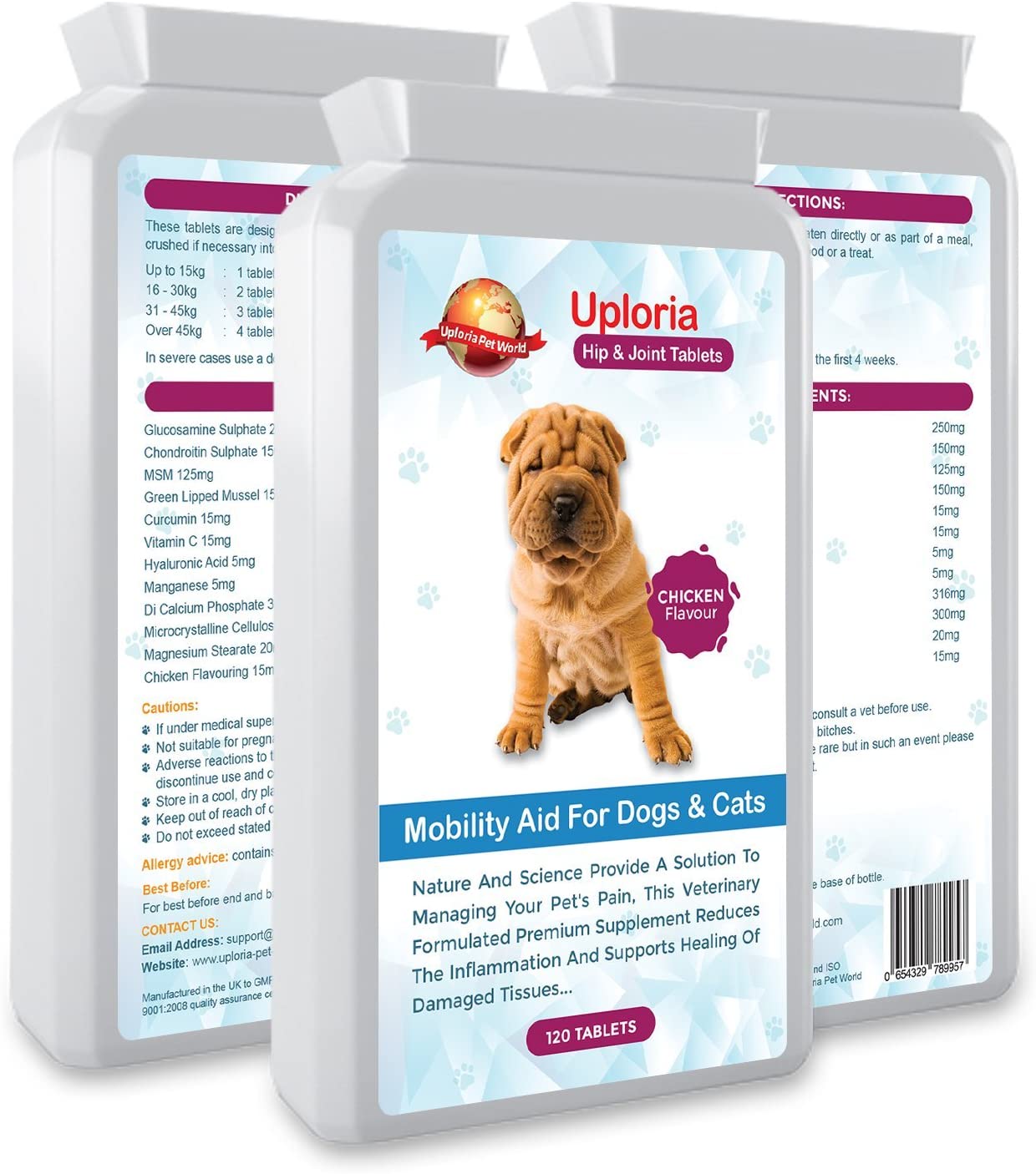  Uploria Pet World Suplementos Articulares para Perros - 120 Comprimidos con Sabor A Pollo Formulada por Veterinarios para Perros Y Gatos Alivio del Dolor Provocado por La Artritis para Perros 