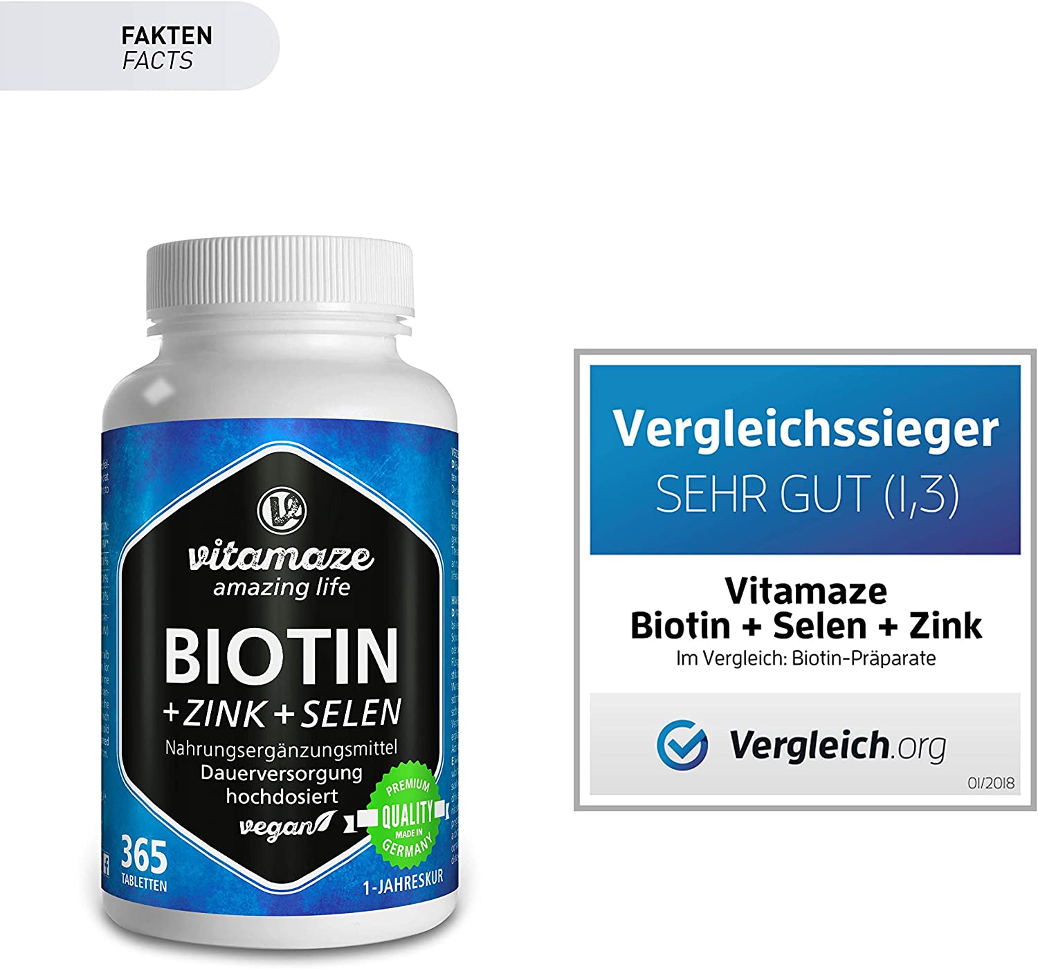 Vitamaze® Biotina 10000 mcg de dosis alta + Selenio + Zinc para crecimiento del cabello, cabello y uñas - 365 tabletas veganas para 1 año - producto de calidad alemana sin aditivos innecesarios 
