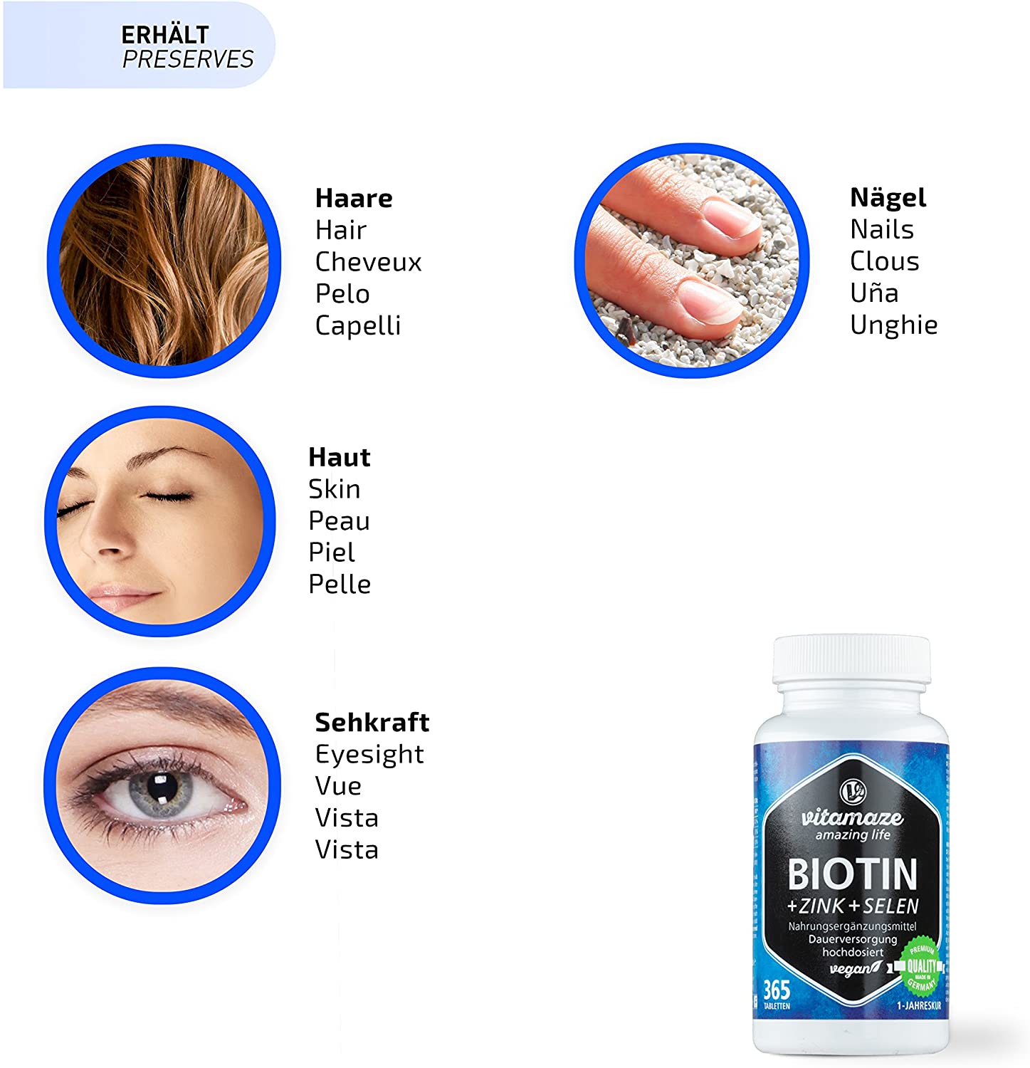  Vitamaze® Biotina 10000 mcg de dosis alta + Selenio + Zinc para crecimiento del cabello, cabello y uñas - 365 tabletas veganas para 1 año - producto de calidad alemana sin aditivos innecesarios 