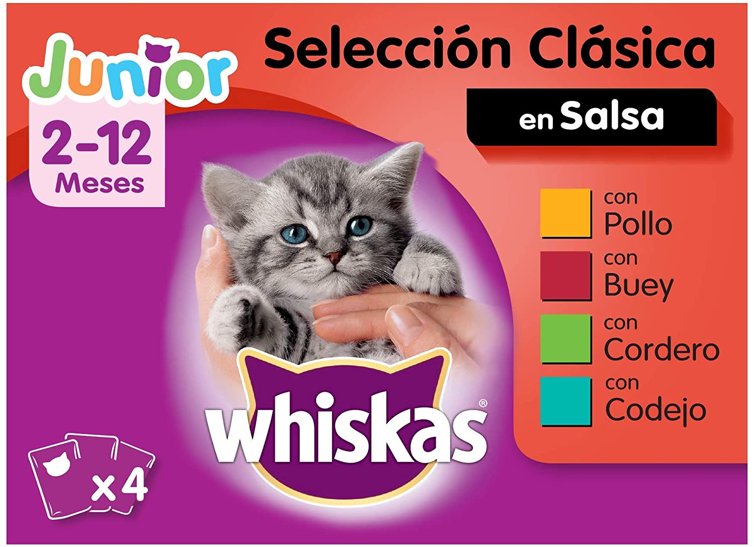  Whiskas Multipack de 4 bolsitas de 100 g de selección de carnes para gatos junior (Pack de 13) 