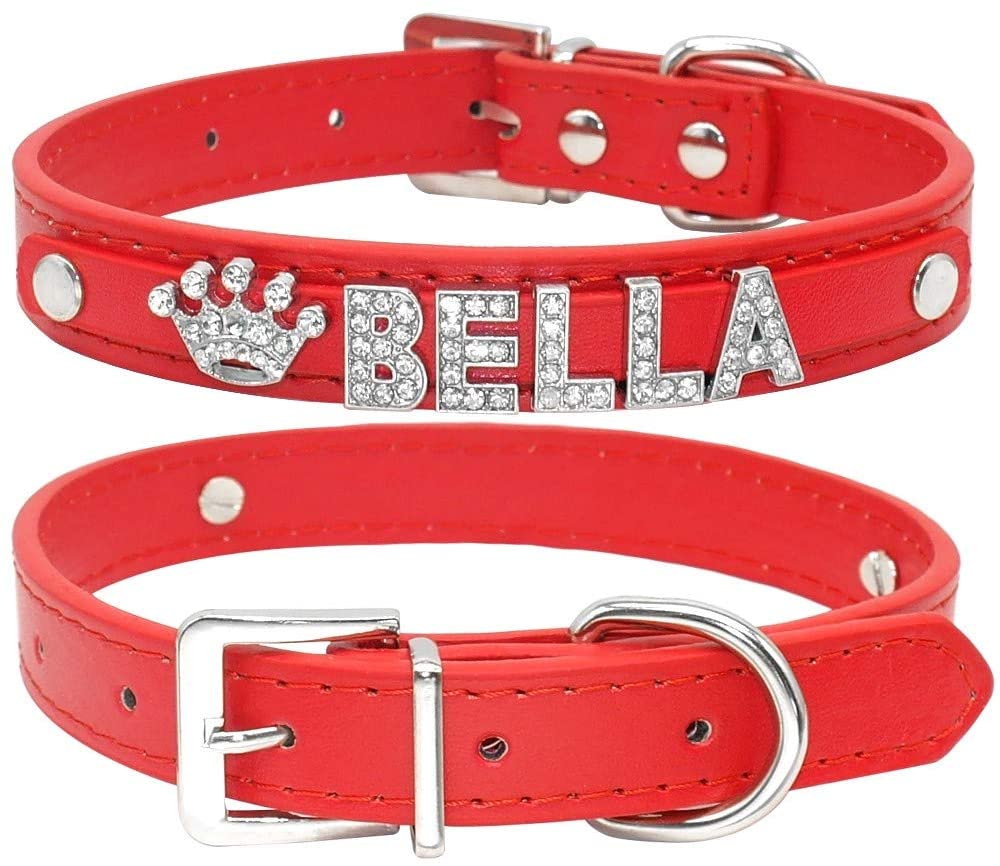  WXPC Bling Rhinestone Cachorros Collares de Perro Personalizados Perros pequeños Chihuahua Collar Collar Personalizado Nombre Gratis Encantos Accesorios para Mascotas Rojo, XS 